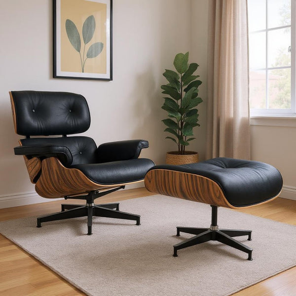HomeRoots 27" Black and Brown Tufted Cowhide Swivel Lounge Chair & Ottoman - Mid-Century Modern Comfort 636227