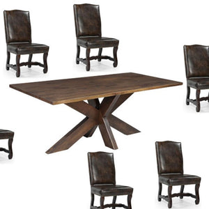 HomeRoots Seven Piece Solid Wood Dining Set: Elegant Brown Table & Six Chairs for Family Gatherings & Comfort 636236