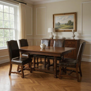 HomeRoots Seven Piece Solid Wood Dining Set: Elegant Brown Table & Six Chairs for Family Gatherings & Comfort 636236