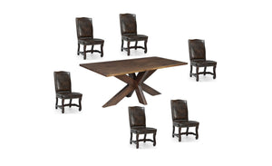 HomeRoots Seven Piece Solid Wood Dining Set: Elegant Brown Table & Six Chairs for Family Gatherings & Comfort 636236