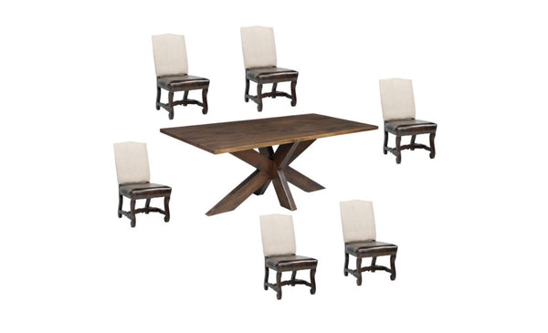 HomeRoots Seven Piece Brown Solid Wood Dining Set with Upholstered Chairs for Timeless Elegance & Comfort 636237