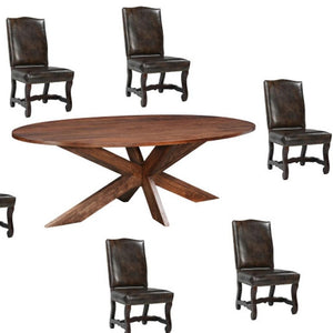 HomeRoots Seven Piece Elegant Brown Solid Wood Dining Set with Upholstered Chairs for Memorable Gatherings 636239