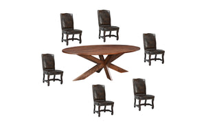 HomeRoots Seven Piece Elegant Brown Solid Wood Dining Set with Upholstered Chairs for Memorable Gatherings 636239