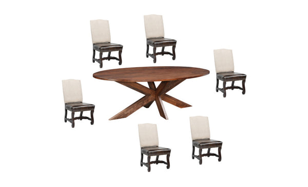 HomeRoots Seven-Piece Solid Wood Dining Set: Elegant Brown Oval Table & Six Upholstered Chairs for Comfort 636240