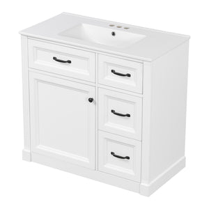 English Elm 36 Inch Bathroom Vanity With Sink – Modern Design, Soft-Close Drawers & Adjustable Storage Shelf, White Finish N725P336549K