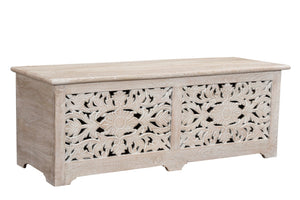 HomeRoots 52" White Distressed Solid Wood Carved Floral Ottoman - Multi-Functional Storage Bench for Any Space 636282