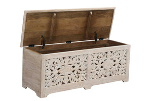 HomeRoots 52" White Distressed Solid Wood Carved Floral Ottoman - Multi-Functional Storage Bench for Any Space 636282