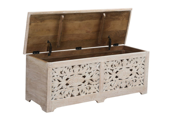 HomeRoots 52" White Distressed Solid Wood Carved Floral Ottoman - Multi-Functional Storage Bench for Any Space 636282