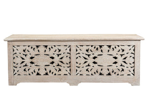 HomeRoots 52" White Distressed Solid Wood Carved Floral Ottoman - Multi-Functional Storage Bench for Any Space 636282