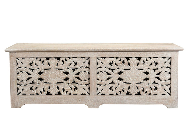 HomeRoots 52" White Distressed Solid Wood Carved Floral Ottoman - Multi-Functional Storage Bench for Any Space 636282