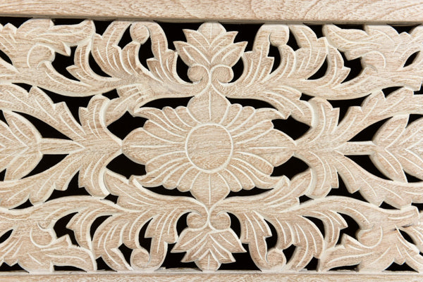 HomeRoots 52" White Distressed Solid Wood Carved Floral Ottoman - Multi-Functional Storage Bench for Any Space 636282