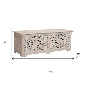 HomeRoots 52" White Distressed Solid Wood Carved Floral Ottoman - Multi-Functional Storage Bench for Any Space 636282