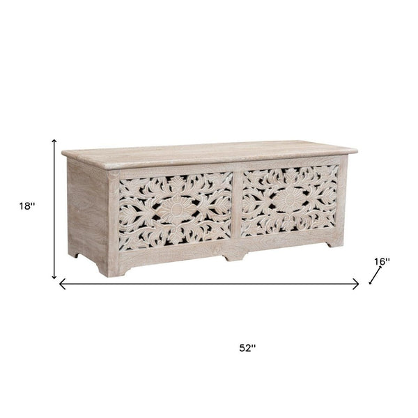 HomeRoots 52" White Distressed Solid Wood Carved Floral Ottoman - Multi-Functional Storage Bench for Any Space 636282
