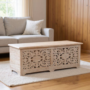 HomeRoots 52" White Distressed Solid Wood Carved Floral Ottoman - Multi-Functional Storage Bench for Any Space 636282