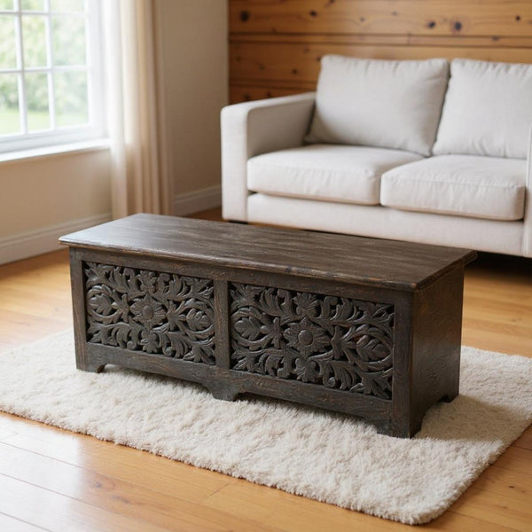 HomeRoots 52" Black Distressed Solid Wood Carved Floral Storage Ottoman - Rustic Elegance with Hidden Storage 636283