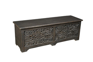 HomeRoots 52" Black Distressed Solid Wood Carved Floral Storage Ottoman - Rustic Elegance with Hidden Storage 636283