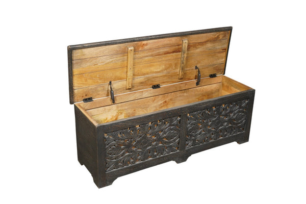 HomeRoots 52" Black Distressed Solid Wood Carved Floral Storage Ottoman - Rustic Elegance with Hidden Storage 636283