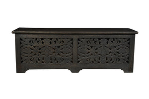 HomeRoots 52" Black Distressed Solid Wood Carved Floral Storage Ottoman - Rustic Elegance with Hidden Storage 636283