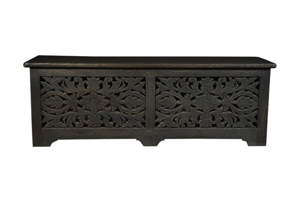 HomeRoots 52" Black Distressed Solid Wood Carved Floral Storage Ottoman - Rustic Elegance with Hidden Storage 636283