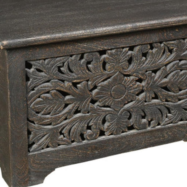 HomeRoots 52" Black Distressed Solid Wood Carved Floral Storage Ottoman - Rustic Elegance with Hidden Storage 636283
