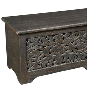 HomeRoots 52" Black Distressed Solid Wood Carved Floral Storage Ottoman - Rustic Elegance with Hidden Storage 636283