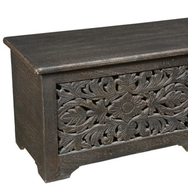 HomeRoots 52" Black Distressed Solid Wood Carved Floral Storage Ottoman - Rustic Elegance with Hidden Storage 636283
