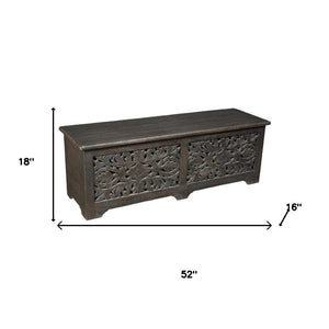 HomeRoots 52" Black Distressed Solid Wood Carved Floral Storage Ottoman - Rustic Elegance with Hidden Storage 636283