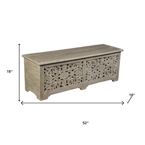HomeRoots 52" Gray Distressed Floral Carved Storage Ottoman – Rustic Wood Seating & Hidden Storage Solution 636284