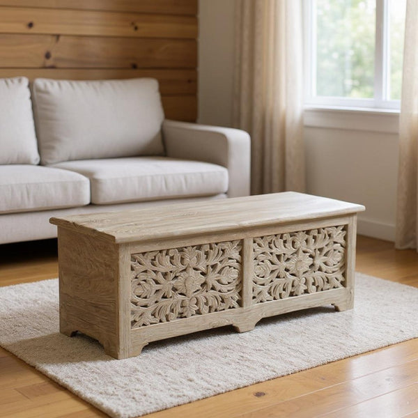 HomeRoots 52" Gray Distressed Floral Carved Storage Ottoman – Rustic Wood Seating & Hidden Storage Solution 636284