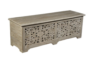 HomeRoots 52" Gray Distressed Floral Carved Storage Ottoman – Rustic Wood Seating & Hidden Storage Solution 636284