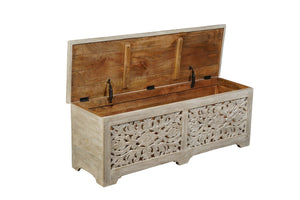 HomeRoots 52" Gray Distressed Floral Carved Storage Ottoman – Rustic Wood Seating & Hidden Storage Solution 636284