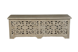 HomeRoots 52" Gray Distressed Floral Carved Storage Ottoman – Rustic Wood Seating & Hidden Storage Solution 636284