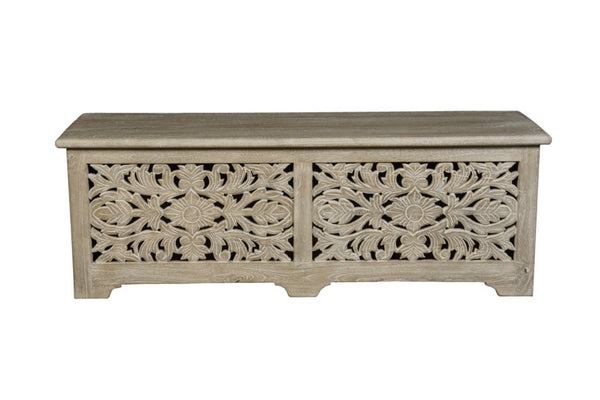 HomeRoots 52" Gray Distressed Floral Carved Storage Ottoman – Rustic Wood Seating & Hidden Storage Solution 636284