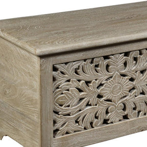HomeRoots 52" Gray Distressed Floral Carved Storage Ottoman – Rustic Wood Seating & Hidden Storage Solution 636284