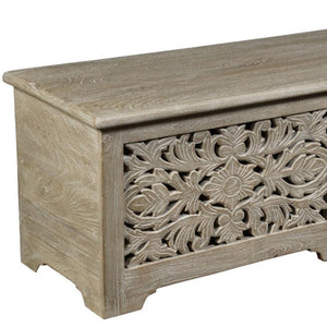 HomeRoots 52" Gray Distressed Floral Carved Storage Ottoman – Rustic Wood Seating & Hidden Storage Solution 636284