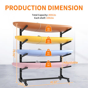 English Elm 80''h Freestanding Steel Kayak Storage Rack Holds 4 Vessels with Locking Caster Wheels T2398P305831