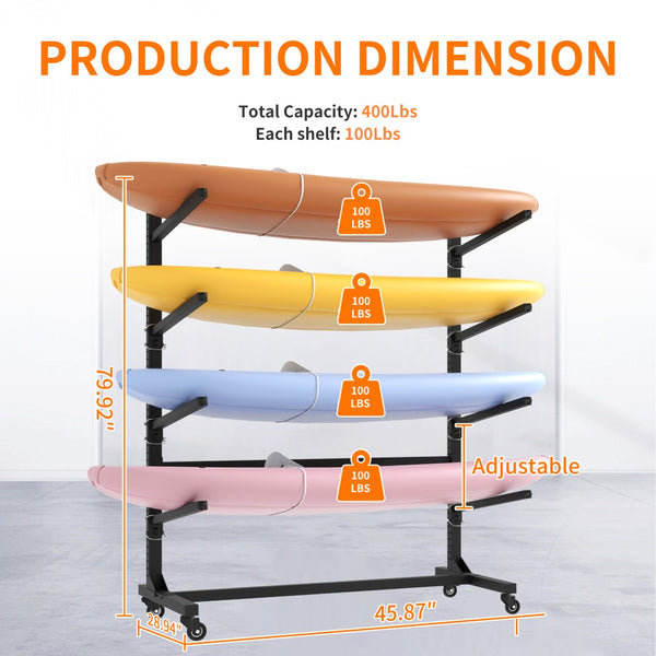 English Elm 80''h Freestanding Steel Kayak Storage Rack Holds 4 Vessels with Locking Caster Wheels T2398P305831