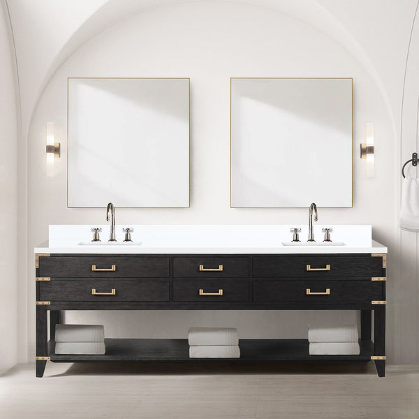 English Elm Black Oak Double Bath Vanity With White Quartz Top, Chrome Faucet, & Two 36" Mirrors For Luxury Spaces B2731S02206