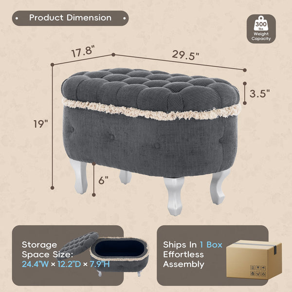 English Elm Christopher Knight Home® - 29.5'' Storage Bench with Button-Tufted Fabric, Tassel-Trim Ottoman with Hidden Compartment for Bedroom Grey 30.25 L x 18.5 W x 14 H N761P335817E