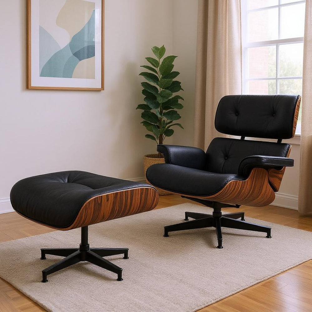 HomeRoots 28" Black and Rosewood Tufted Leather Lounge Chair & Ottoman Set - Mid-Century Comfort & Style! 636337
