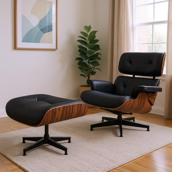 HomeRoots 28" Black and Rosewood Tufted Leather Lounge Chair & Ottoman Set - Mid-Century Comfort & Style! 636337