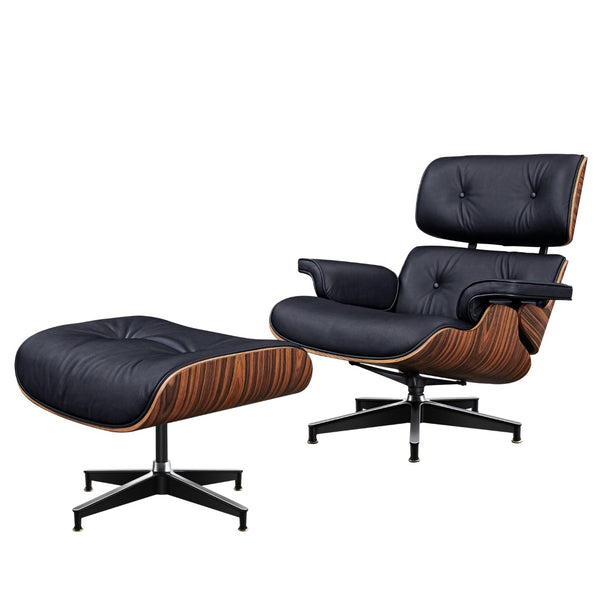 HomeRoots 28" Black and Rosewood Tufted Leather Lounge Chair & Ottoman Set - Mid-Century Comfort & Style! 636337