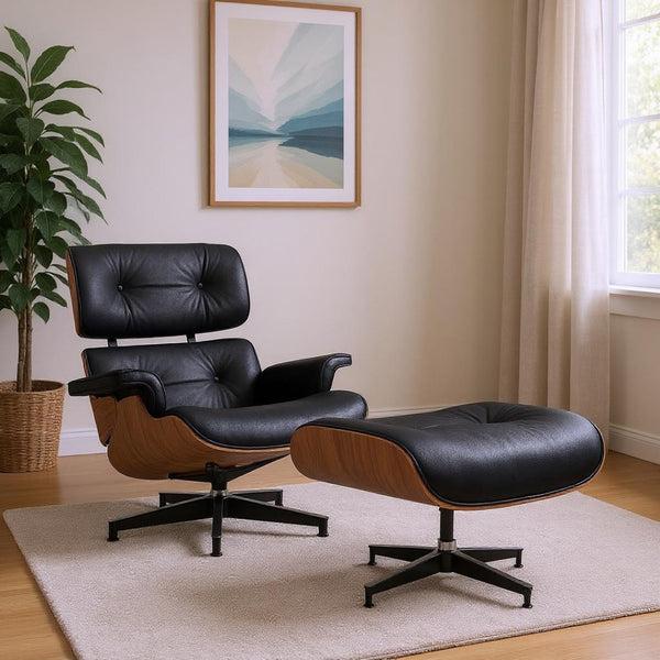 HomeRoots 28" Elegant Black Leather Lounge Chair with Ottoman - Mid-Century Modern Design, Swivel Comfort & Style 636338