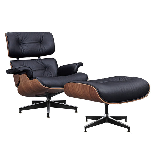 HomeRoots 28" Elegant Black Leather Lounge Chair with Ottoman - Mid-Century Modern Design, Swivel Comfort & Style 636338