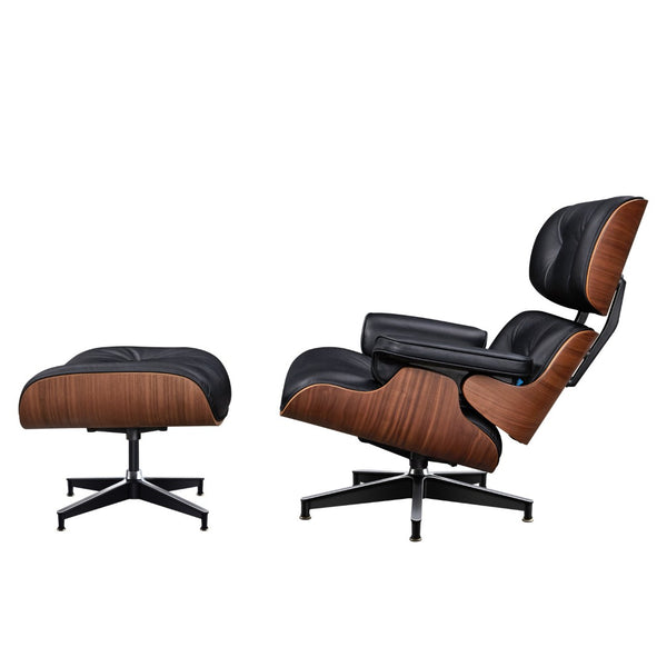 HomeRoots 28" Elegant Black Leather Lounge Chair with Ottoman - Mid-Century Modern Design, Swivel Comfort & Style 636338