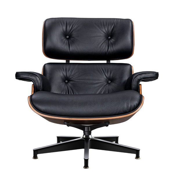 HomeRoots 28" Elegant Black Leather Lounge Chair with Ottoman - Mid-Century Modern Design, Swivel Comfort & Style 636338