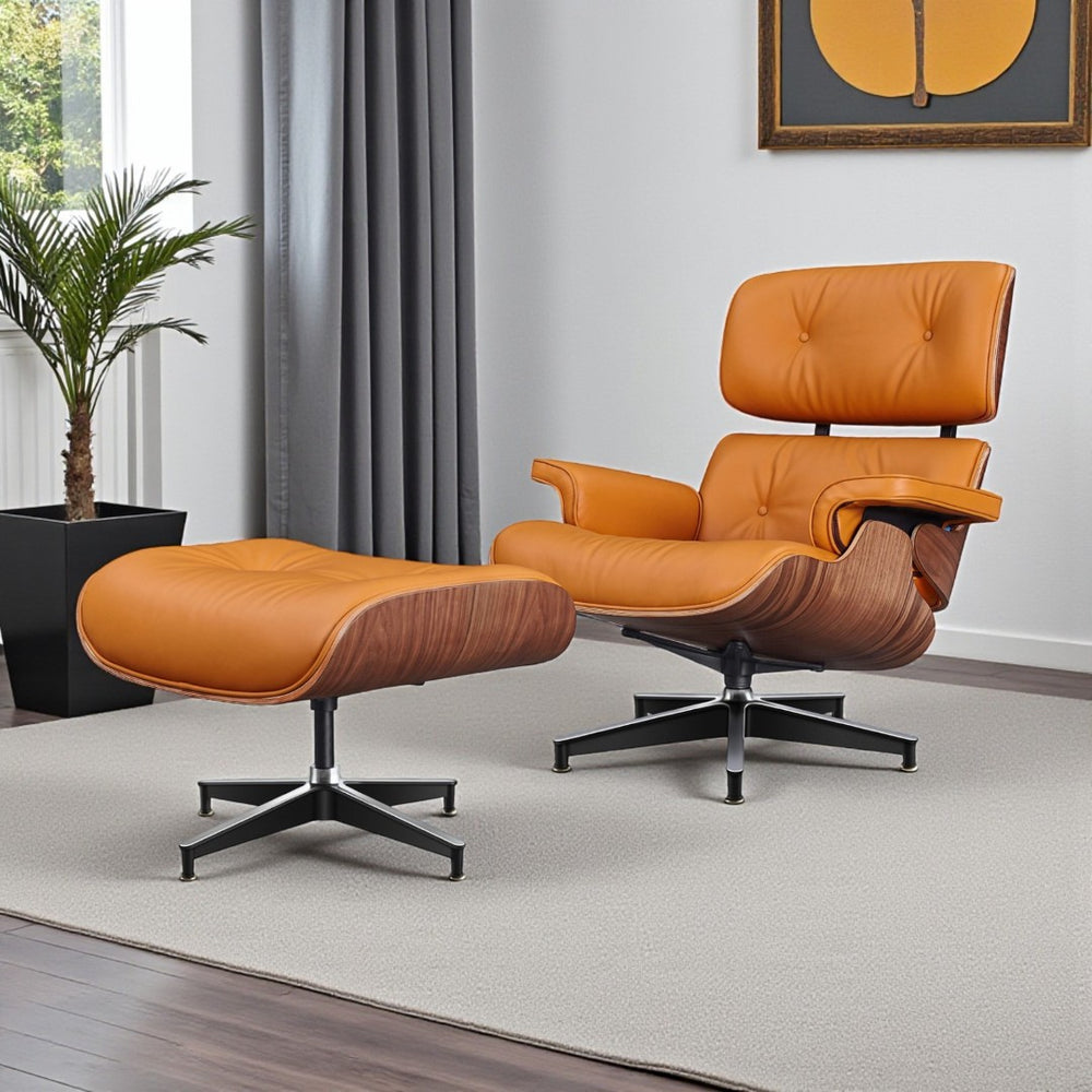 HomeRoots 28" Tufted Genuine Leather Lounge Chair with Ottoman – Mid-Century Modern Design in Bold Orange! 636339