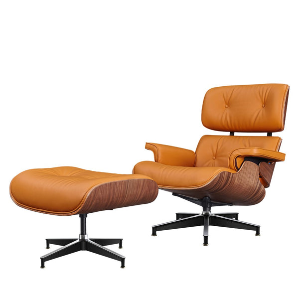 HomeRoots 28" Tufted Genuine Leather Lounge Chair with Ottoman – Mid-Century Modern Design in Bold Orange! 636339