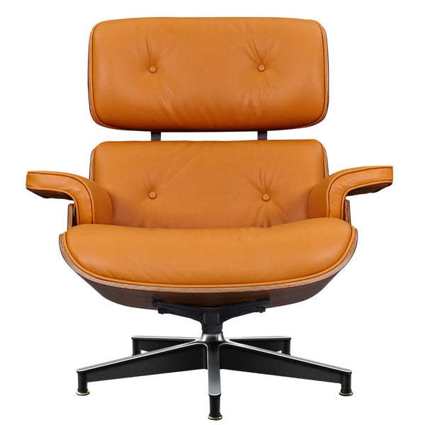 HomeRoots 28" Tufted Genuine Leather Lounge Chair with Ottoman – Mid-Century Modern Design in Bold Orange! 636339