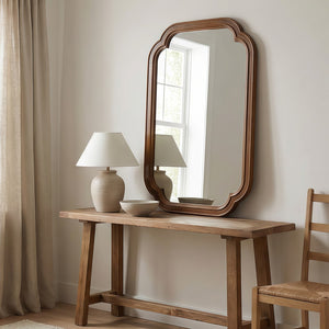 English Elm Black Walnut Solid Wood Frame Mirror with Rounded Corners for Bedroom or Entryway W2203P455260